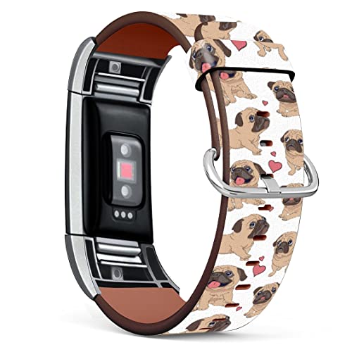 MINGDAO Compatible with Fitbit Charge 2 , Patterned Leather Replacement Band , (Cute Pug Dog Pattern-Wb02)