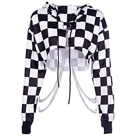 Black Cropped Hoodie Y2K Women Gothic Punk Loose Chain Patchwork Pullover Sweatshirt Cover
