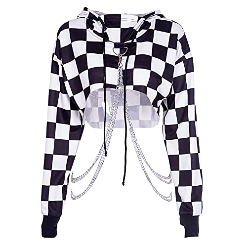 AULKEEP Womens Goth Punk Checkerboard Crop Tops Iron Chain Strap Hooded Gothic Long Sleeve Pullover Sweatshirt