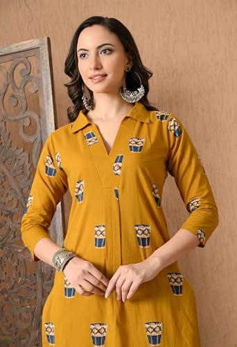 Image of Amazon Brand - Tavasya Women Ethnic Motifs Printed 3 /4th Sleeve Kurta | Straight Fit Shirt Collar Salwar | Everyday Ethnic Wear