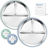 Bakpoco Stainless Steel Toddler Plate with Suction, 9β Divided Plates with Removable Silicone Sleeves for Kids, Non Toxic & BPA Free | Non Slip | Unbreakable Baby Snack Dishes Set of 2, Blue & Sage