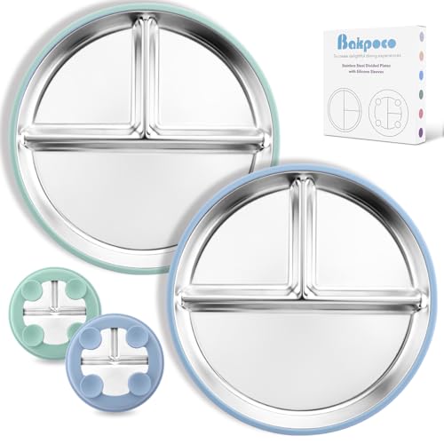 Image of Bakpoco Stainless Steel Toddler Plate with Suction 2Pack, 9” Divided Kids Plates with Silicone Suction for Baby Self Feeding, Non Toxic Non Slip Unbreakable Snack Dishes Dinnerware Set, Blue & Sage