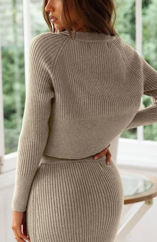 Image of CHARTOU Women Two Piece Sweater Skirt Set Outfits Knit Sweater Top Pullover Knitted Slit Bodycon Pencil Skirt (One Size, Dark apricot)