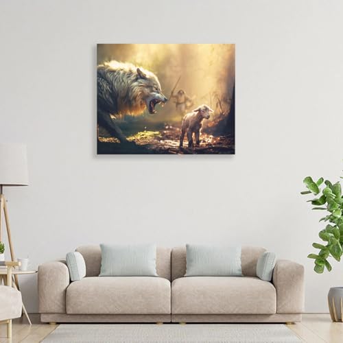 Image of Christian Wall Art Canvas Print, Jesus with Wolf and Lamb Religious Wall Decor, Faith Inspired Framed Artwork for Living Room, Bedroom, Prayer Room and Church Decorations, Gallery Wrapped Ready to