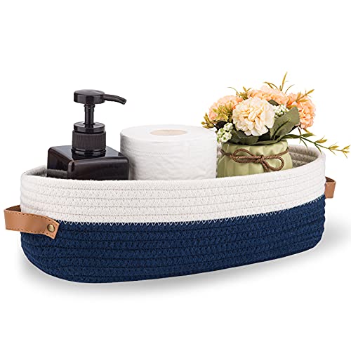 Oradrem Toilet Basket Woven Storage Basket for Toilet Tank Top Farmhouse Home Decor Organizing Baskets 13x5.9x4 Navy Stitching White