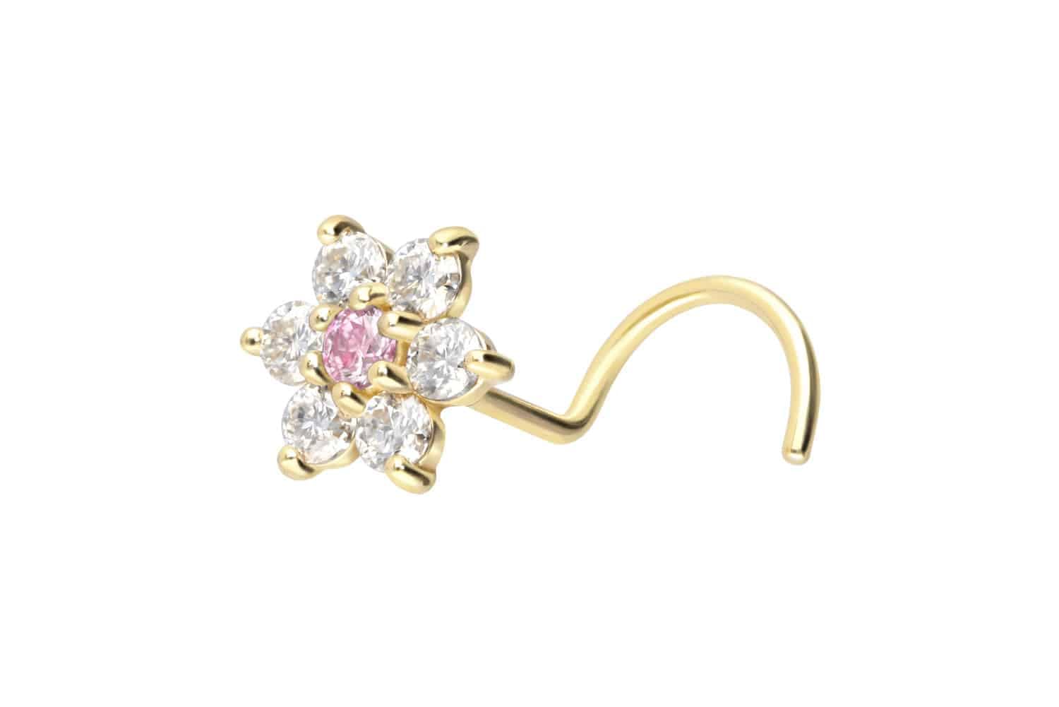 Piercingline - Piercing per il naso a spirale in oro 750, 18 carati, con fiore a cristalli