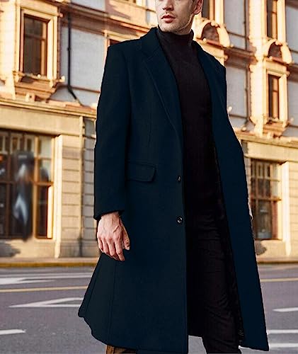 Image of Men's Casual Trench Coat Slim Fit Notched Collar Long Jacket Overcoat Single Breasted Pea Coat wih Pockets