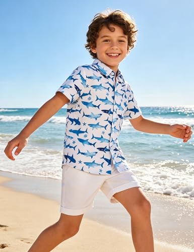 Image of Boys Hawaiian Shirt Kids Button Down Aloha Beach Hawaii Tops 5-14Y | Quick Dry, Breathable, Cooling & Lightweight, For Summer Vacation Holiday, Fourth of July, Youth, Teen, Shark, Dinosaur