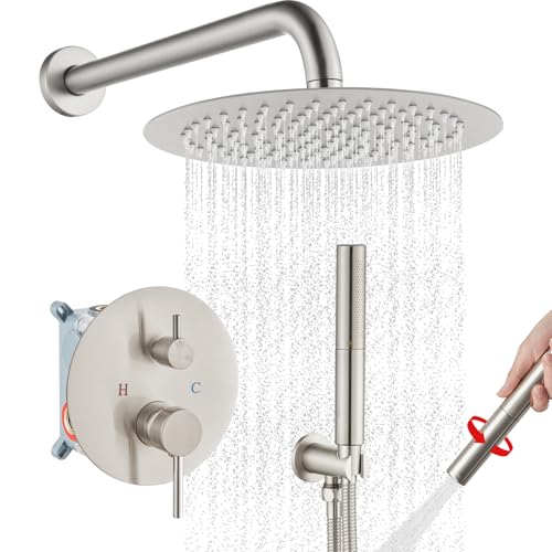 Airuida Duschsystem aus gebürstetem Nickel, 2 Funktionen, 25.4 cm, rund, Regenduschkopf und Hochdruck-Messing-Dusche, Handmischer, Duscharmaturen, raues Ventil im Lieferumfang enthalten