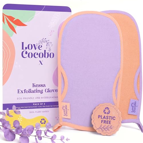 Image of Love Cocobo | Exfoliating Glove | Eco PLASTIC FREE Body Scrub Mitt | Dead Skin Exfoliator | Tan Remover | Shower Body Exfoliator Mitts | Targets Keratosis Pilaris Ingrown Hair | Kessa Gloves | 2Pcs