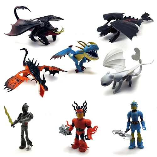 Toysvill Dragons and Vikings Action Figure Set, 8 Piece Collection with Light Fury, Night Fury, Dragons and Character Figures, Fantasy Adventure Toys