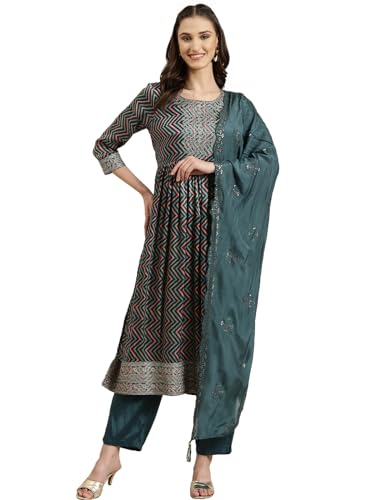 Image of SHOWOFFFF Women Printed Three-Piece A-Line Ethnic Kurta Set | Round Neck 3 /4th Sleeves Satin Kurta Set's for Womens | Mid-Rise Lime Regular Fit Calf Length Kurta Set for Women's