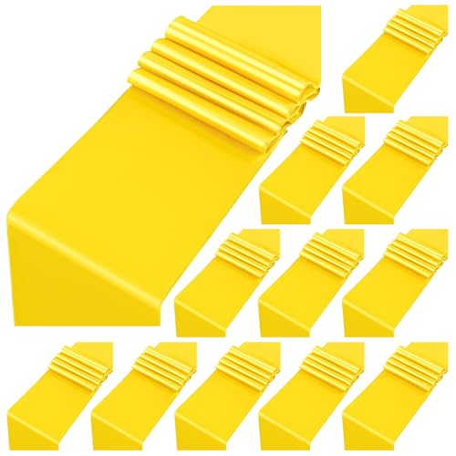 LOKUME Paquete de 12 caminos de mesa de satén amarillo de 30,5 x 274,3 cm de largo, suaves y de alta calidad para bodas, banquetes, cumpleaños, fiestas, graduaciones, compromisos, caminos de mesa para