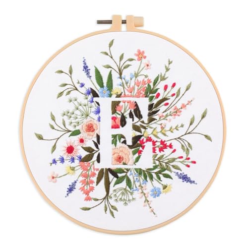 Image of IUHUI Embroidery Kit for Beginners Adults - 26 Floral Letters Easy Patterns, DIY Hand Stitching Embroidery Set with Hoop (Flower and Grass Letter E)
