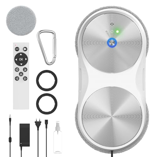 Robot Laveur de Vitre Automatique 5600Pa, Lave Vitre Électrique avec Télécommande Infrarouge & Corde de Sécurité, 80ml Réservoir d’Eau Double Pulvérisation, 3...