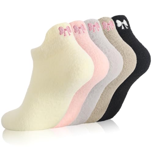 Jspupifip 5 Pairs Women Bow Fuzzy Socks, Pink Bow Cozy Winter Fuzzy Socks Fluffy Ankle Sock for Women Girls Home Sleeping