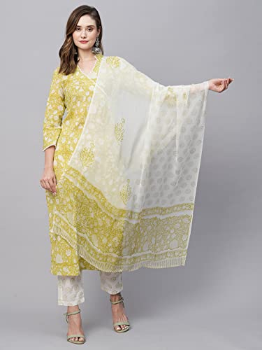 Image of GoSriKi Women's Cotton Blend Straight Printed Kurta with Pant & Dupatta (Avni Green-GS)