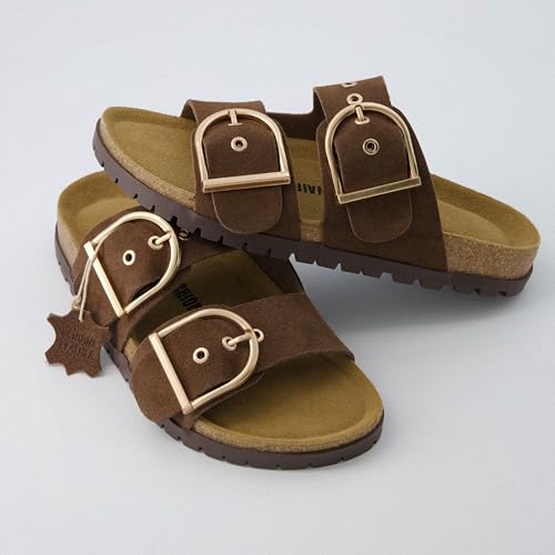 CUSHIONAIRE Brook Women’s Suede Double-Buckle Cork Footbed Slide Sandals with Memory Foam Comfort4