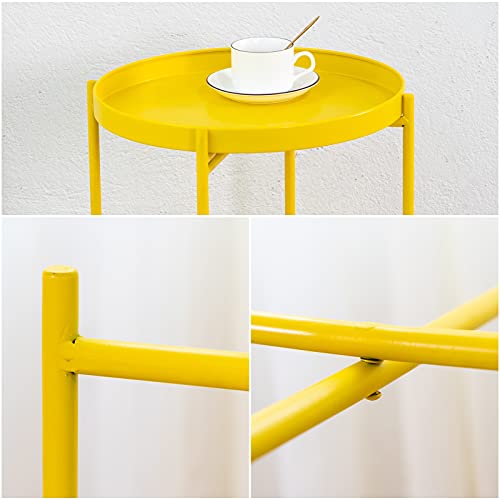 Funme Folding End Table 2-Tier Metal Round Side Table With Removable Tray For Living Room (Yellow) #TOP3
