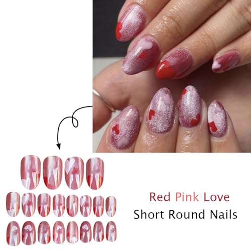 Image of Pink Glitter Press on Nails Short Almond Fake Nails Red Heart Glue on Nail Press ons with Design Shiny Glossy Full Cover Valentines Stick on Nail for Women Manicure 24Pcs