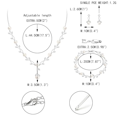 Image of EVER FAITH Cubic Zirconia Pearl Leaf Bridal Jewelry Set for Bride Women