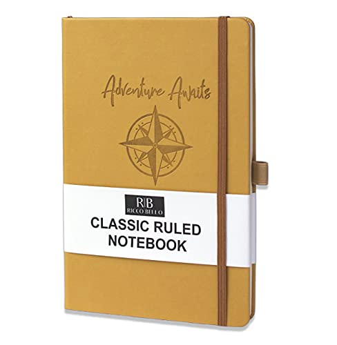 RICCO BELLO Ruled Hardcover Journal Notebook - Vegan Leather, Elastic Closure, Pen Loop, Bookmark, Inner Pocket, 192 Lined Pages, 5.7 x 8.4 inches (Travel)