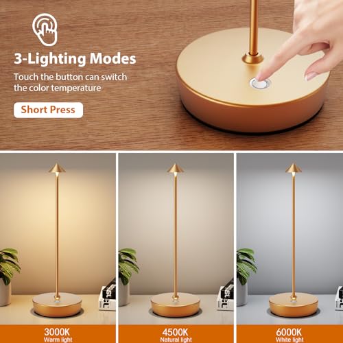 YIBEN Rechargeable Cordless Table Lamp, Portable Powered LED Battery 6000mAh Metal USB Desk Lamp, 3 Levels Brightness Light for Restaurants Outdoor (Gold)