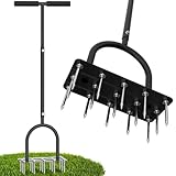 TOPHDY Aerator Lawn Tool Lawn Aerator -Heavy Duty Manual Grass Aerator with 15 Iron Spikes, Height Adjustable, Yard Aerator Tool for Lawn（Black）