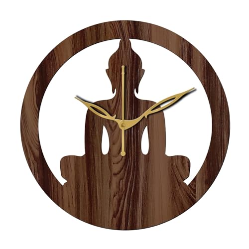 Image of SKYVILLA 12 Inch Wooden MDF Buddha Analog Wall Clock with English Numerals, Romans | Silent Quartz Movement | Lightweight Without Glass Design for Home (Brown)