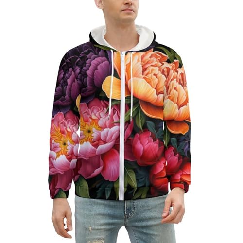 Colorful Peony Flowers Men's Zip Up Hoodie Lightweight Soft Hooded Sweatshirts Casual Jacket Coat2