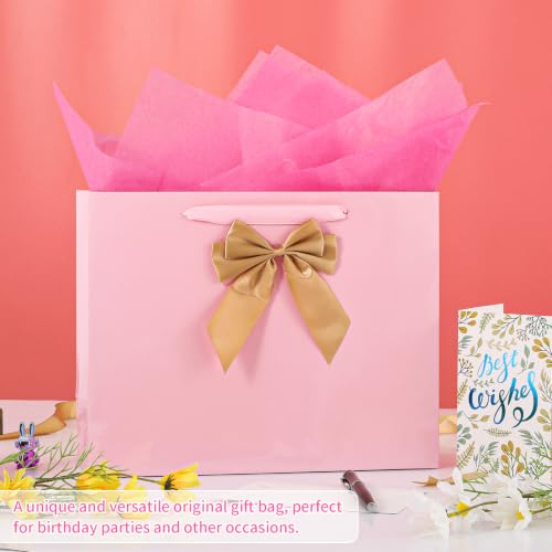 Image of Powbrace 13 inch Bright Pink Bags with Handles, Birthday Gift Bag Set - 1 Gift Bag with Bow, 2 Tissues & Greeting Card for Men Women,Gift Bags Medium size(1 PCS Bright Pink Glossy)