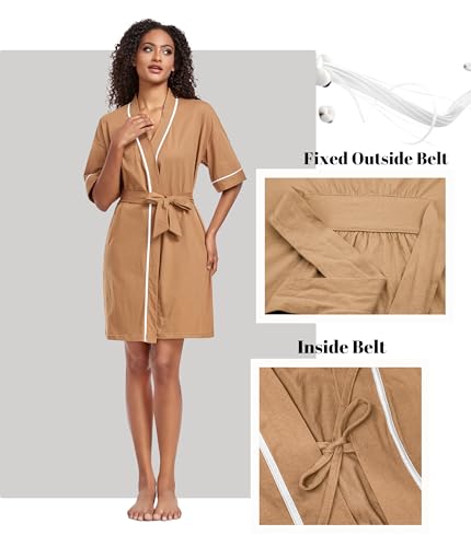 Image of ANLIQI Womens 100% Cotton Robes Lightweight Summer Short Sleeve Lady Bathrobe Knee Length Kimono Robe Sleepwear with Pockets