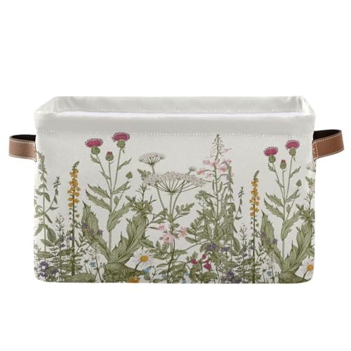 Image of Herbs Storage Basket Bin for Shelves Closet Botanical Foldable Fabric Storage Box Cube with Handles Kids Gifts Toys Cloth Shelf Basket Organizer for Bedroom Nursery Home Decorative