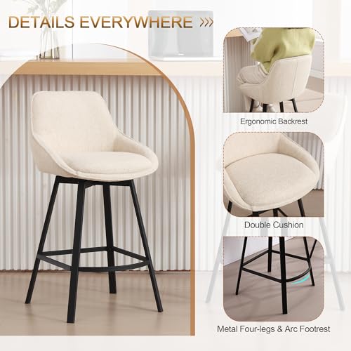 Image of Zesthouse Swivel Bar Stools Set of 2, 26'' Modern Counter Height Bar Stools with Low Backs & Metal Legs, Upholstered Metal Counter Height Chairs, Beige Linen Fabric Island Chairs for Kitchen Counter