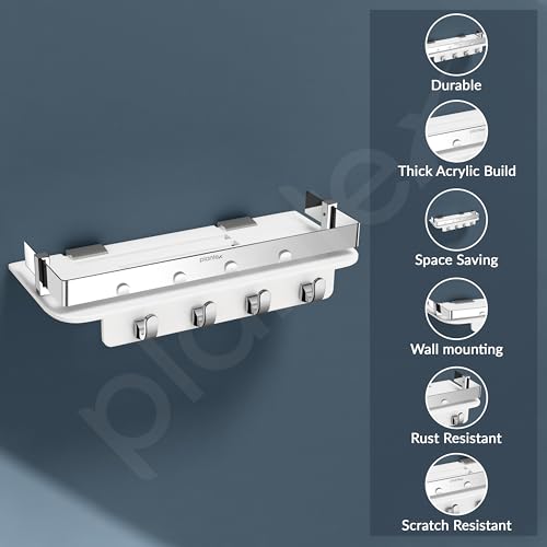 Plantex Multipurpose Acrylic Key Holder for Living Room/Wall Mount Storage Shelf with Silver Railings/Bathroom Accessories for Home Decor (12x4 inches, White)