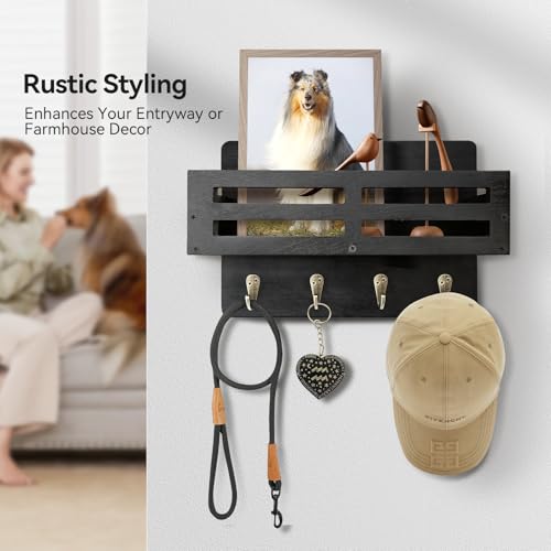 Key Holder Wall Mount, 10 inch Decorative Key and Mail Holder for Wall, with Mail Organizer & 4 Key Hooks, Rustic Wooden Key Rack for Hanging Dog Leash Sunglasses, Entryway Key Hanger, Black - Image 6