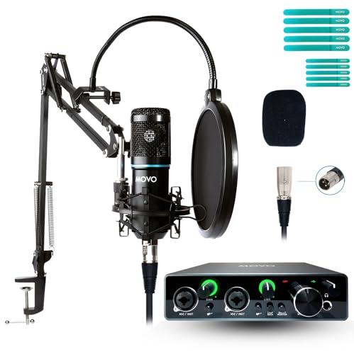 Movo PodPakA Universal Cardioid Condenser Microphone Kit with MDX-1 2x2 Audio Interface with Articulating Scissor Arm Mic Stand - Podcast Equipment Set for YouTube, Podcast, Streaming