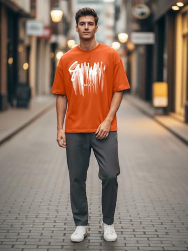 Image of LEOTUDE Oversized Full Sleeve Cottonblend Graphic Printed Round Neck Drop Shoulder Tshirt for Man (Color Mustard)