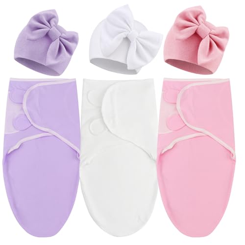 Image of DRESHOW BQUBO 3 Pack Newborn Baby Swaddle Blanket with Hats Infant Adjustable Velcro Swaddling Wraps with Bear Ears Cap for 6-12 Lbs Newborns & 0-3 Months Girls Boys