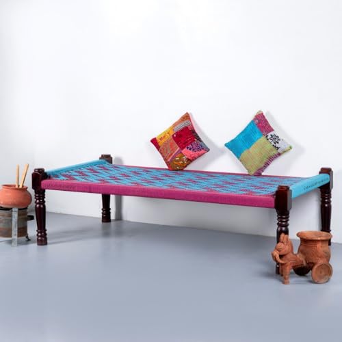 Image of Solid Sheesham Wood Charpai Khat | Handcrafted Daybed Khatiya Charpai with Cotton Rope | Traditional Khat Bed Wooden Diwan Cot for Living Room | 6X3 Feet | Pink and Light Blue