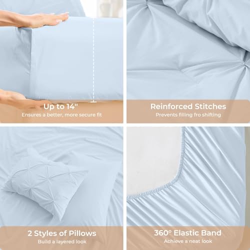 Image of Sasttie Twin Comforter Set, 5-Piece Bed in a Bag, Pintuck Bedding Sets for All Season, Includes Comforter, Flat Sheet, Fitted Sheet, Pillowcase and Pillowsham, Light Blue
