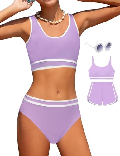Image of Girls Swimsuits 3 Piece Bathing Suit Bikini Set with Sporty Shorts and Sunglasses Beach Swimwear for Girl 8-15 Years