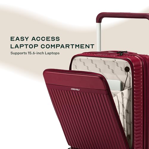 Image of Assembly Cabin Suitcase with External Laptop Pocket up to 15.6'' & 8 Spinner Wheels, Premium Polycarbonate Hard Shell Carry On Luggage for Adventure Travel, Red, 20-Inch