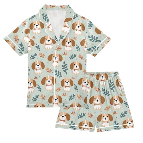 Cartoon Beagles Print Summer Satin Pajama Set, Cute Button-Down Sleepwear Pj Set for Sleep Wears