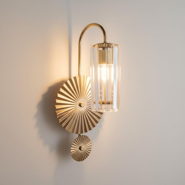 Image of CORAL TREE Luxury Crystal Sunburst Wall Light - Champagne Gold Metal Sconce, Modern Glass Designer Wall Lamp for Living Room, Bedroom & Hallway - E14 Bulb Holder, Elegant Home Decor Lighting