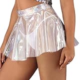 Zoestar Women’s Sheer Mini Skirt Shiny See Through Skirts Rave Clear Costume Flare Skirt (Large) White