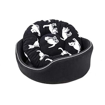 Petslover Foam Filled Round Shape Reversable Dual Pet Print Black Color Ultra Soft Ethnic Designer (Export Quality) Bed with Cusion Pillow for Dog/Cat-Medium