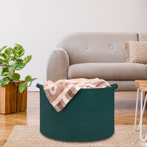 Image of Large Cotton Rope Blanket Basket, 87L Laundry Hamper, Dark Green