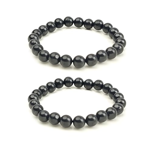 LWQCHW Shungite Bracelet - Natural Black Shungite Stone Beads Healing Crystal Energy Protection Handcrafted Jewelry (8mm 2pc)