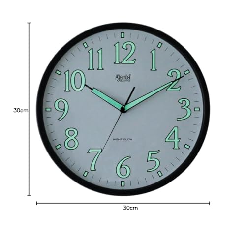 Image of Ajanta 12 Inches Silent Sweep Radium Wall Clock - Night Glow, Radium Dial - 30x30 cm, (Dom Black)
